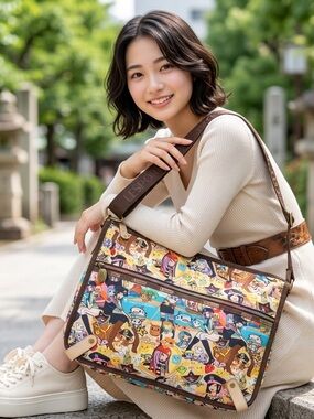LeSportsac Multicolor Cartoon Print Shoulder Bag in Brown Trim